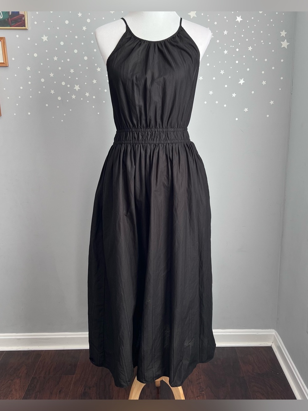 Uniqlo Black Cotton Halter Neck Midi Dress Smocked Waist Pockets L